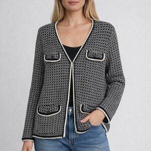 Talbots Textured Knit Cardigan Jacket Black White Button Front Pockets Large